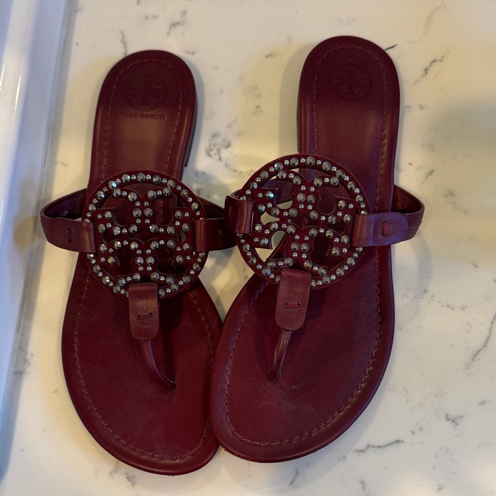 Tory Burch Burgundy Sandals with Embellished Logo